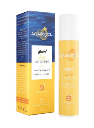 كريم الوقاية من الشمس Aqualogica Glow+ Dewy SPF 50 PA+++ للحماية من الأشعة فوق البنفسجية فئة A وB والضوء الأزرق، لبشرة متوهجة ومحمية بشكل جيد، كريم، 50 جم